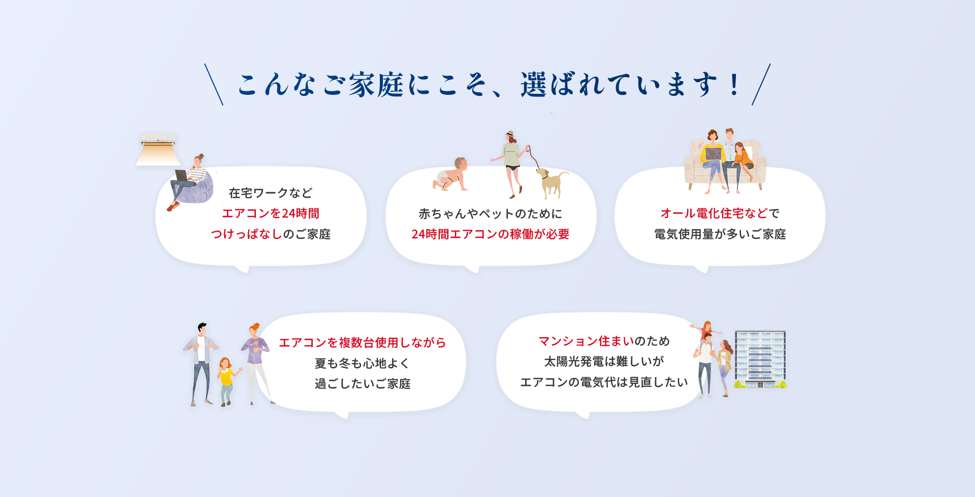 こんなご家庭にこそ、エアコンネットは選ばれています。在宅でエアコンを24時間使用、赤ちゃんやペットのためにつけっぱなし、オール電化住宅、複数台使用、マンション住まいのご家庭など